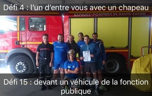 Défi 4 et 15 : l'un d'entre nous avec un chapeau et devant un un véhicule de fonction publique