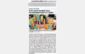 📰 PRESSE | Le Dauphiné Libéré
📆 Parution du 30/06/20
👍 Un joli article pour parler du lancement des inscriptions dès le 1er juillet 
🙏 Merci André 😉 et au journal 🗞 Le Dauphiné Libéré Thonon et le Chablais

#presse #ledauphinelibere #chablais #evian❤️ #eviansportshandball #lemanfemininhandball #LFHB #FamilyESHB